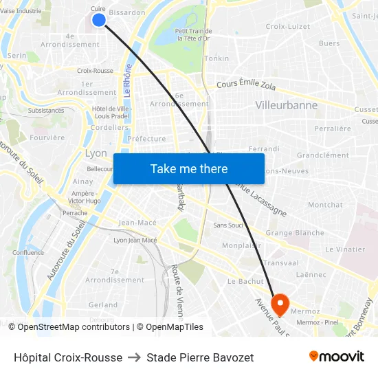 Hôpital Croix-Rousse to Stade Pierre Bavozet map