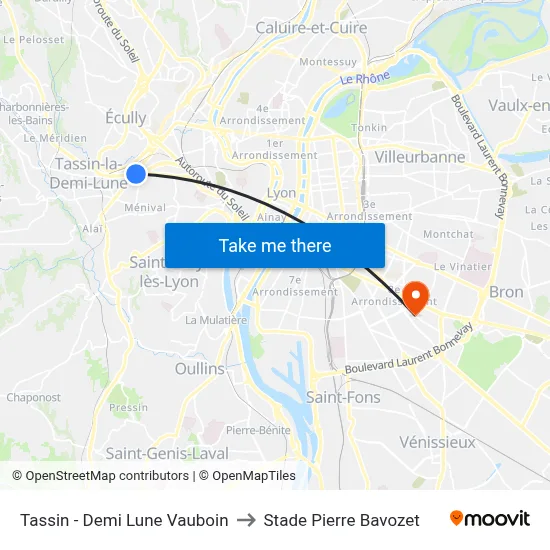 Tassin - Demi Lune Vauboin to Stade Pierre Bavozet map