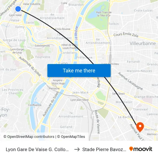 Lyon Gare De Vaise G. Collomb to Stade Pierre Bavozet map