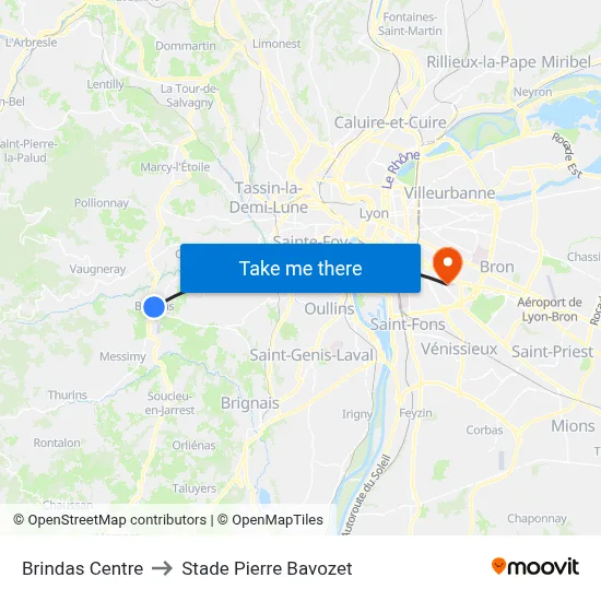 Brindas Centre to Stade Pierre Bavozet map