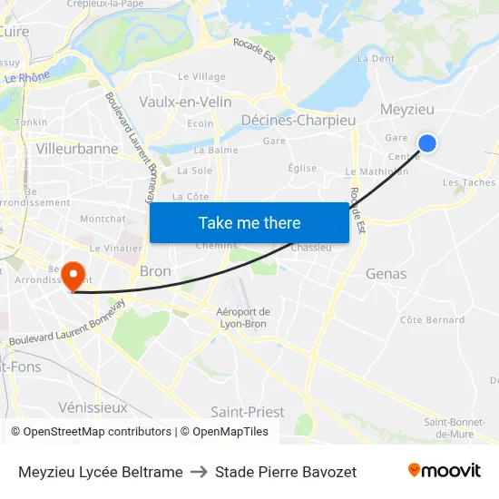 Meyzieu Lycée Beltrame to Stade Pierre Bavozet map