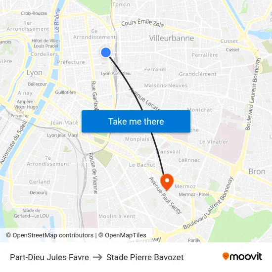 Part-Dieu Jules Favre to Stade Pierre Bavozet map