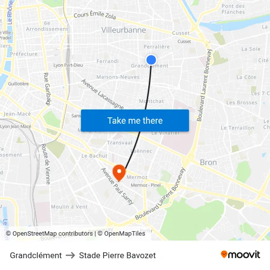Grandclément to Stade Pierre Bavozet map