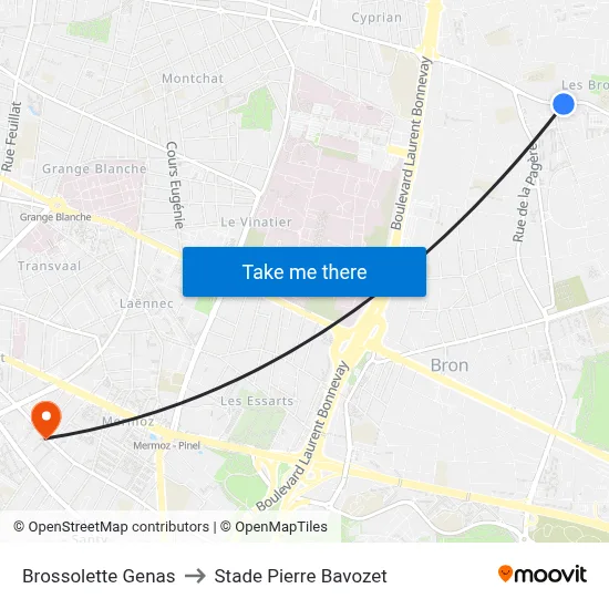 Brossolette Genas to Stade Pierre Bavozet map