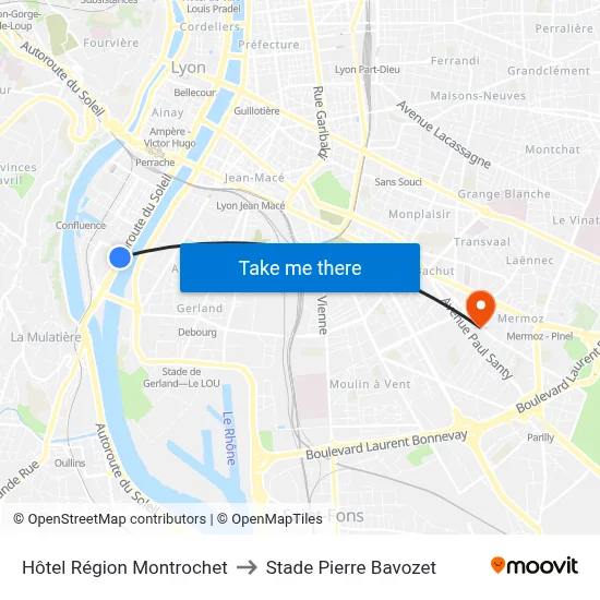 Hôtel Région Montrochet to Stade Pierre Bavozet map