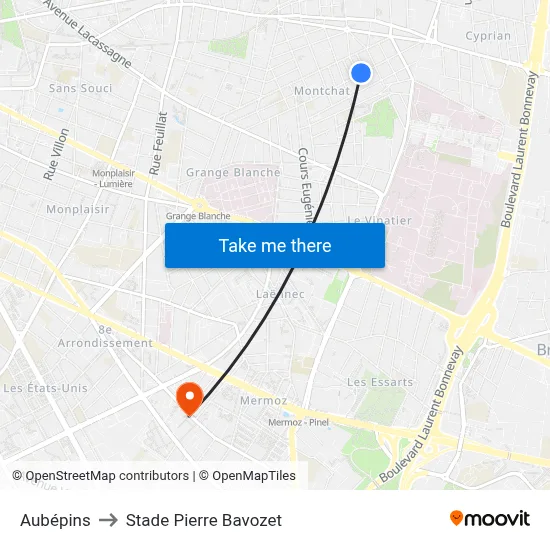 Aubépins to Stade Pierre Bavozet map