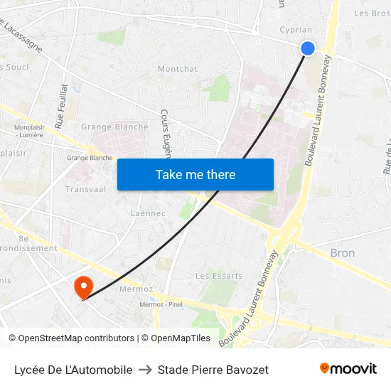 Lycée De L'Automobile to Stade Pierre Bavozet map