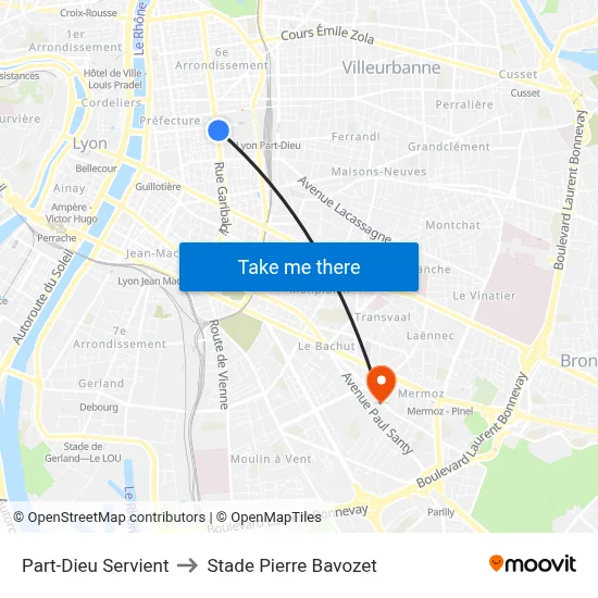 Part-Dieu Servient to Stade Pierre Bavozet map