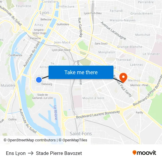 Ens Lyon to Stade Pierre Bavozet map