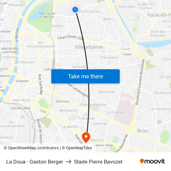 La Doua - Gaston Berger to Stade Pierre Bavozet map
