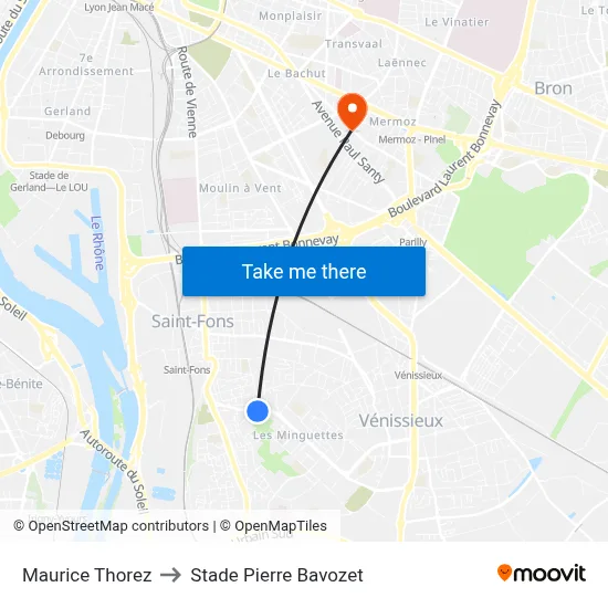 Maurice Thorez to Stade Pierre Bavozet map