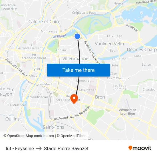 Iut - Feyssine to Stade Pierre Bavozet map