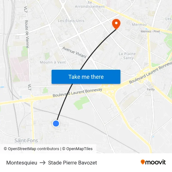 Montesquieu to Stade Pierre Bavozet map