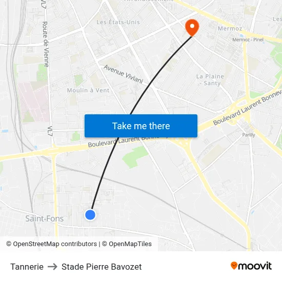 Tannerie to Stade Pierre Bavozet map