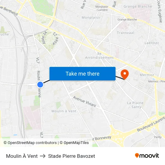 Moulin À Vent to Stade Pierre Bavozet map