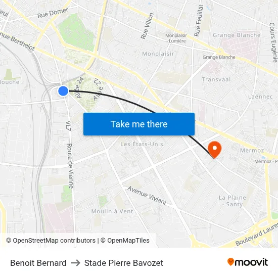 Benoit Bernard to Stade Pierre Bavozet map