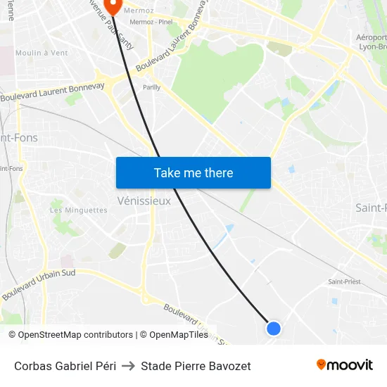 Corbas Gabriel Péri to Stade Pierre Bavozet map