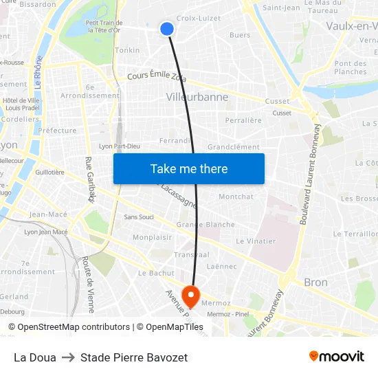 La Doua to Stade Pierre Bavozet map