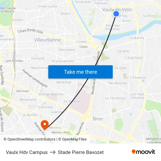 Vaulx Hdv Campus to Stade Pierre Bavozet map