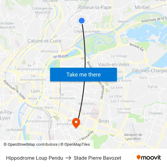 Hippodrome Loup Pendu to Stade Pierre Bavozet map