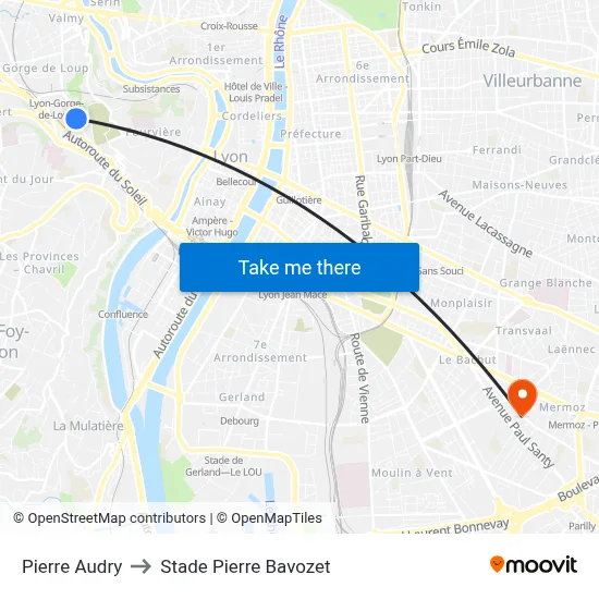 Pierre Audry to Stade Pierre Bavozet map