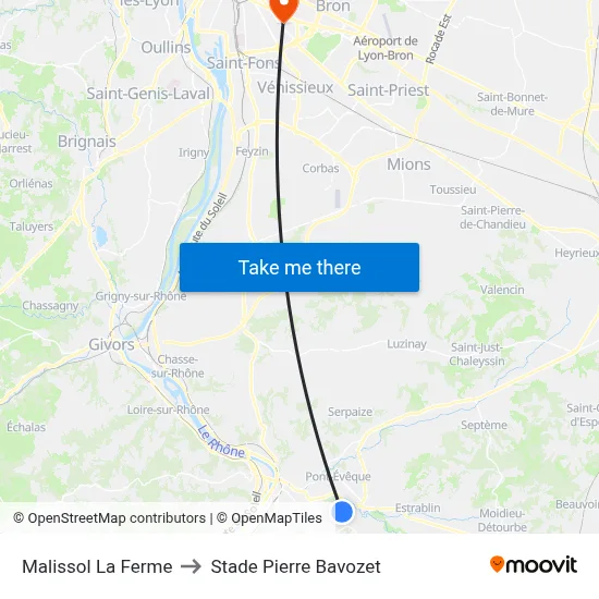Malissol La Ferme to Stade Pierre Bavozet map