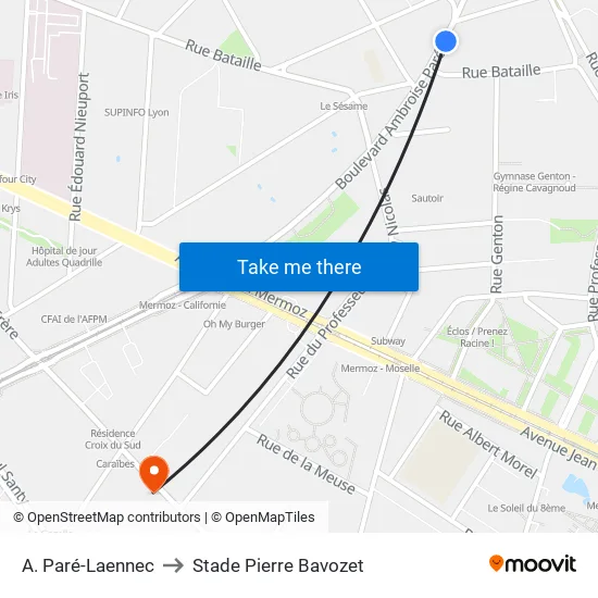 A. Paré-Laennec to Stade Pierre Bavozet map
