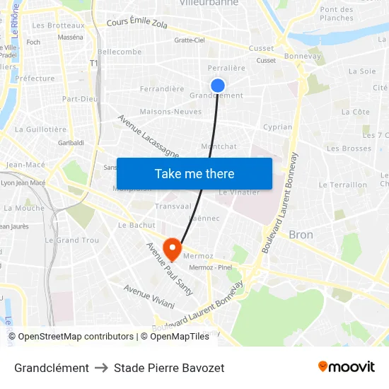 Grandclément to Stade Pierre Bavozet map