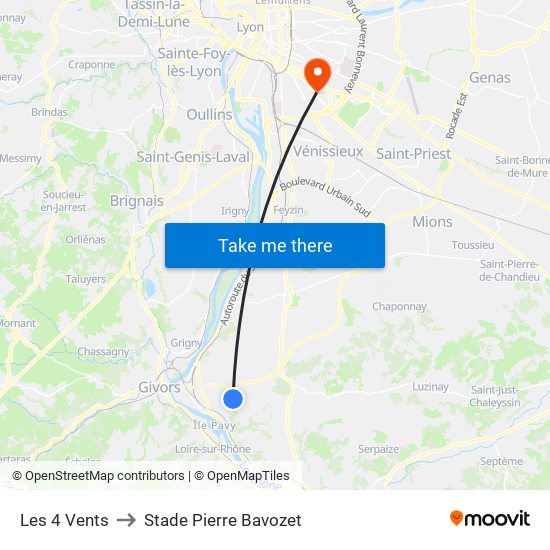 Les 4 Vents to Stade Pierre Bavozet map