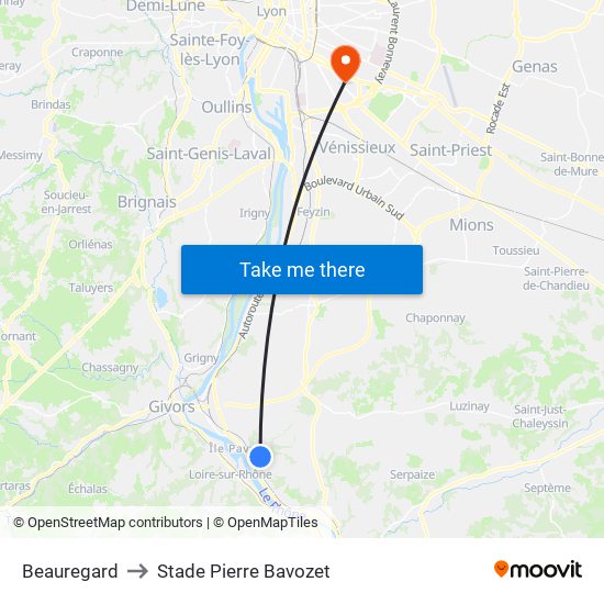 Beauregard to Stade Pierre Bavozet map