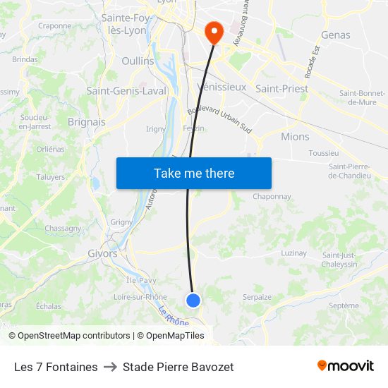 Les 7 Fontaines to Stade Pierre Bavozet map