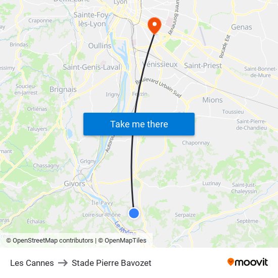 Les Cannes to Stade Pierre Bavozet map