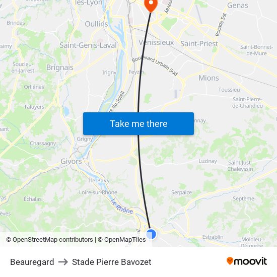 Beauregard to Stade Pierre Bavozet map