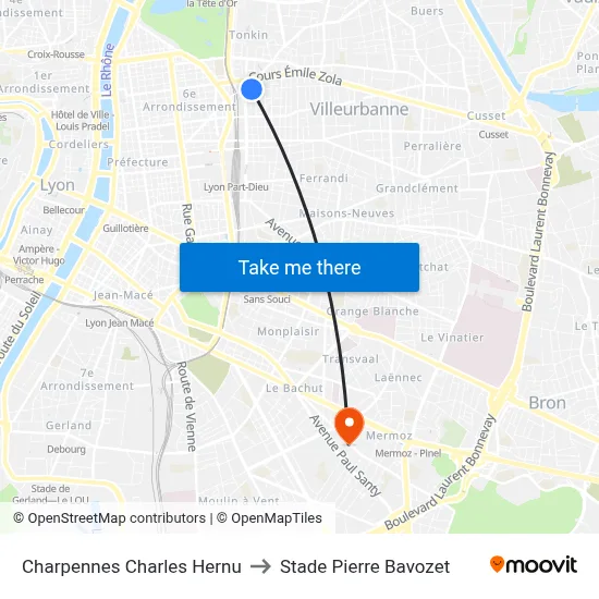 Charpennes Charles Hernu to Stade Pierre Bavozet map