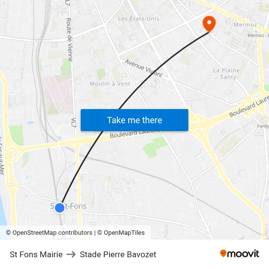 St Fons Mairie to Stade Pierre Bavozet map