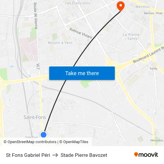 St Fons Gabriel Péri to Stade Pierre Bavozet map