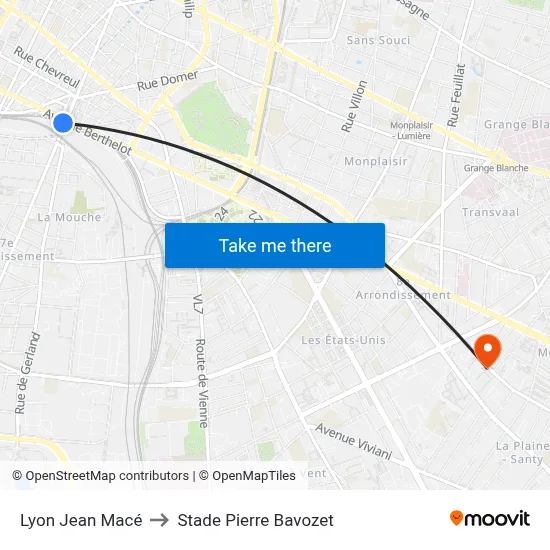 Lyon Jean Macé to Stade Pierre Bavozet map