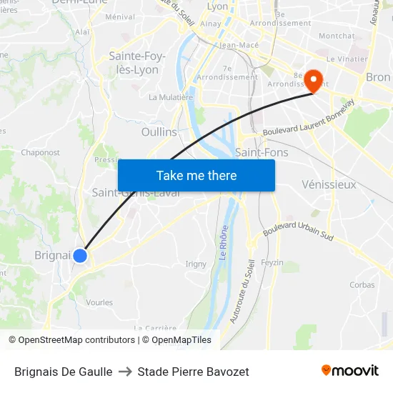 Brignais De Gaulle to Stade Pierre Bavozet map