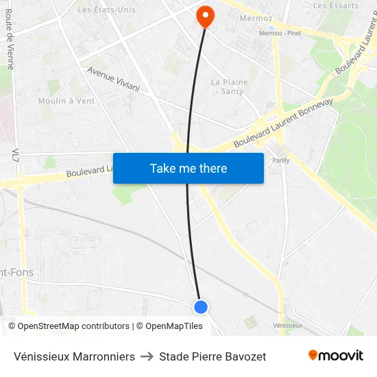 Vénissieux Marronniers to Stade Pierre Bavozet map