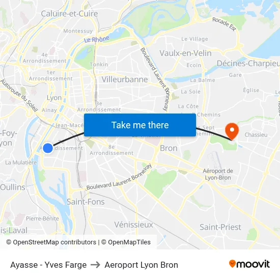 Ayasse - Yves Farge to Aeroport Lyon Bron map