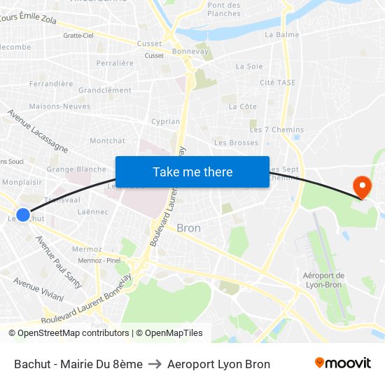 Bachut - Mairie Du 8ème to Aeroport Lyon Bron map