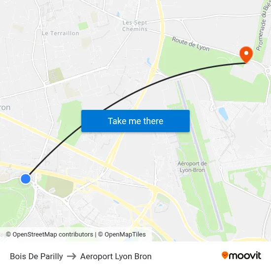 Bois De Parilly to Aeroport Lyon Bron map