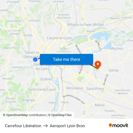 Carrefour Libération to Aeroport Lyon Bron map