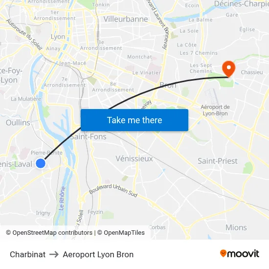 Charbinat to Aeroport Lyon Bron map