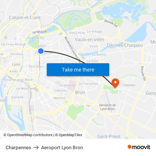 Charpennes to Aeroport Lyon Bron map