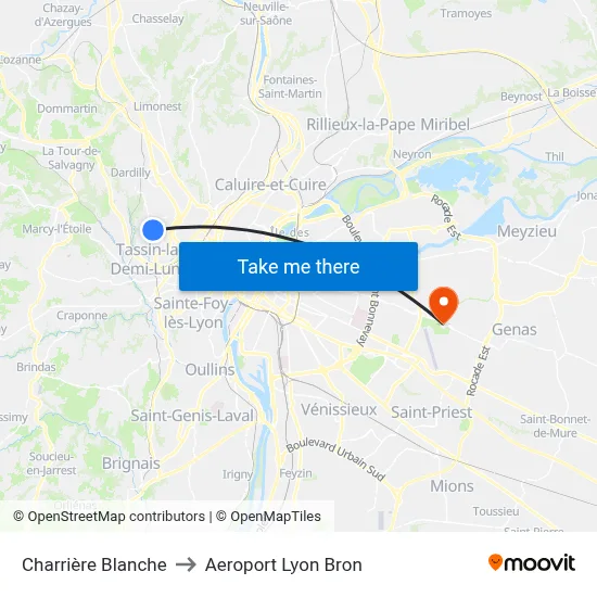Charrière Blanche to Aeroport Lyon Bron map