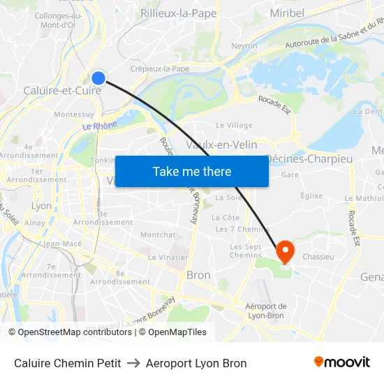 Caluire Chemin Petit to Aeroport Lyon Bron map