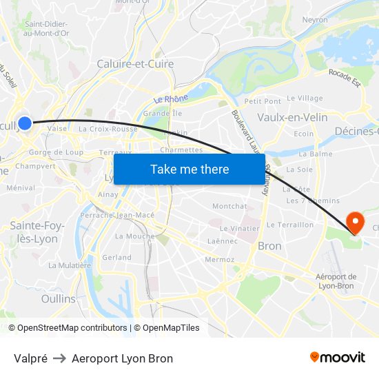 Valpré to Aeroport Lyon Bron map