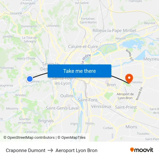 Craponne Dumont to Aeroport Lyon Bron map