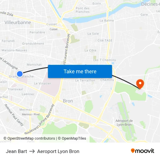 Jean Bart to Aeroport Lyon Bron map